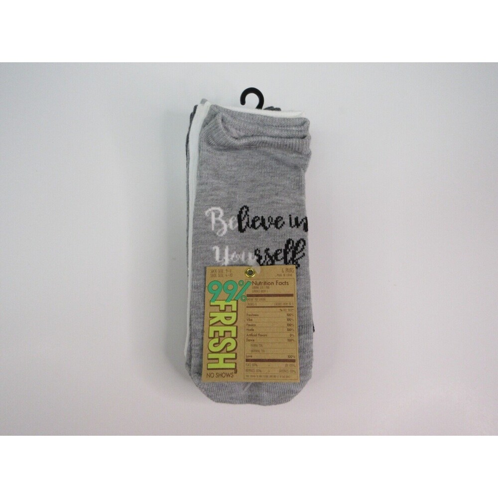 99% Fresh No Show Socks 6 pair Shoe size 4-10 Sock Sz 9-11 White Gray Black New